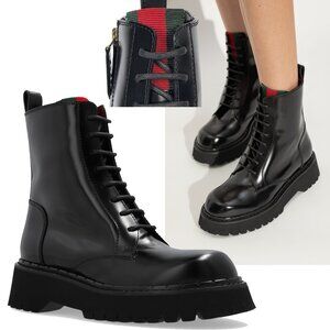 GUCCI BOOTS THEA BLACK LEATHER WEB STRIPE LACE UP ANKLE BOOTIES sz 38.5 8.5